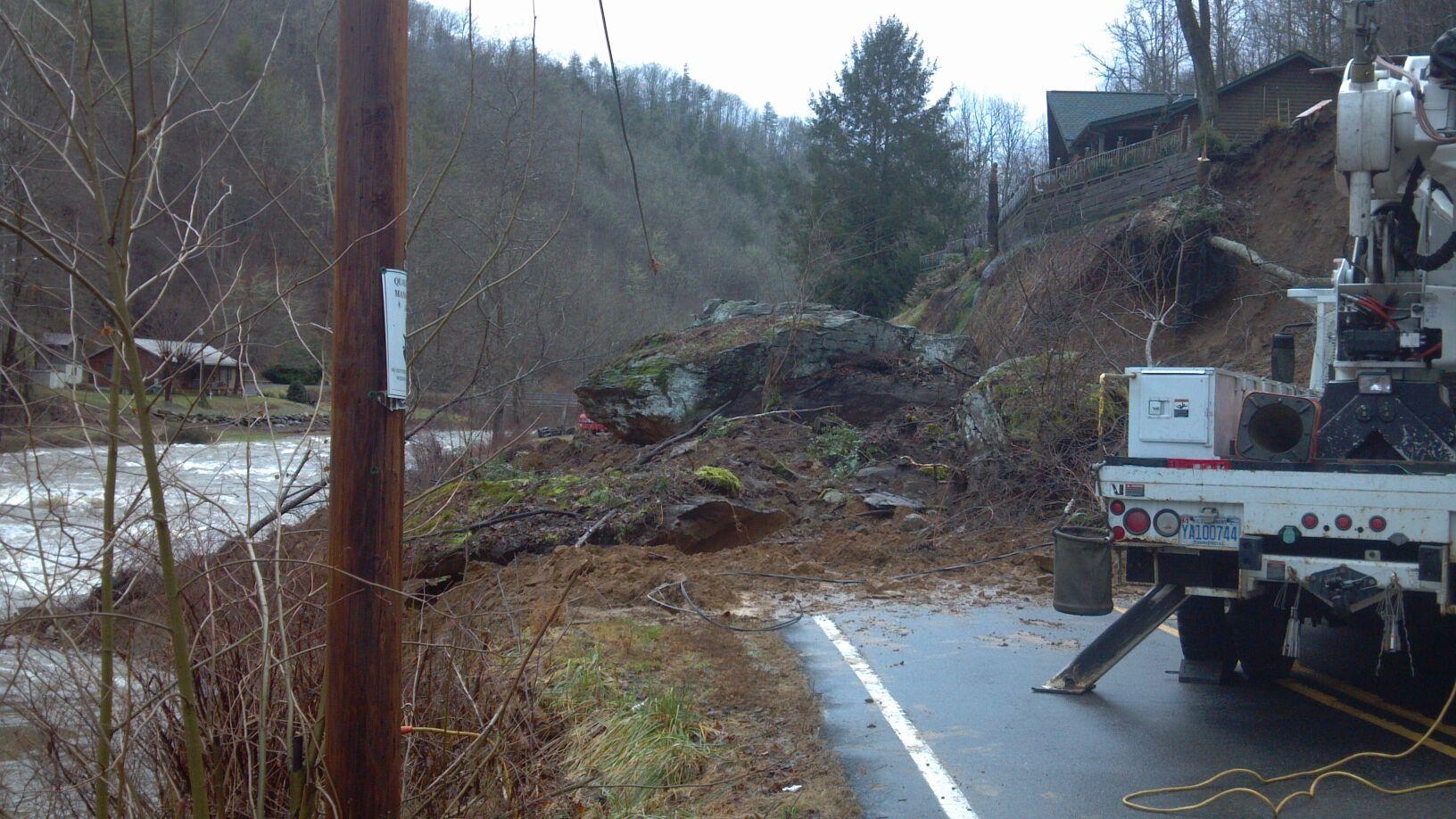 Map or photograph showing an area in western North Carolina where human land modification activities have altered drainage patterns and contributed to increased landslide risk