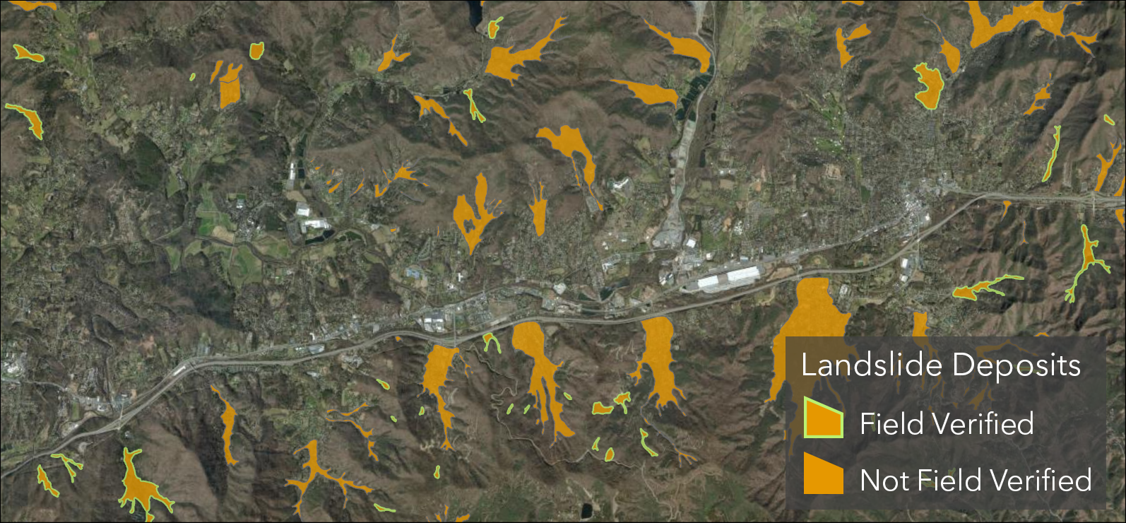 Static map showing landslide deposit polygons in western North Carolina as shaded areas primarily in valleys, representing significant volumes of earth, debris, and rock fragments accumulated from past debris flows