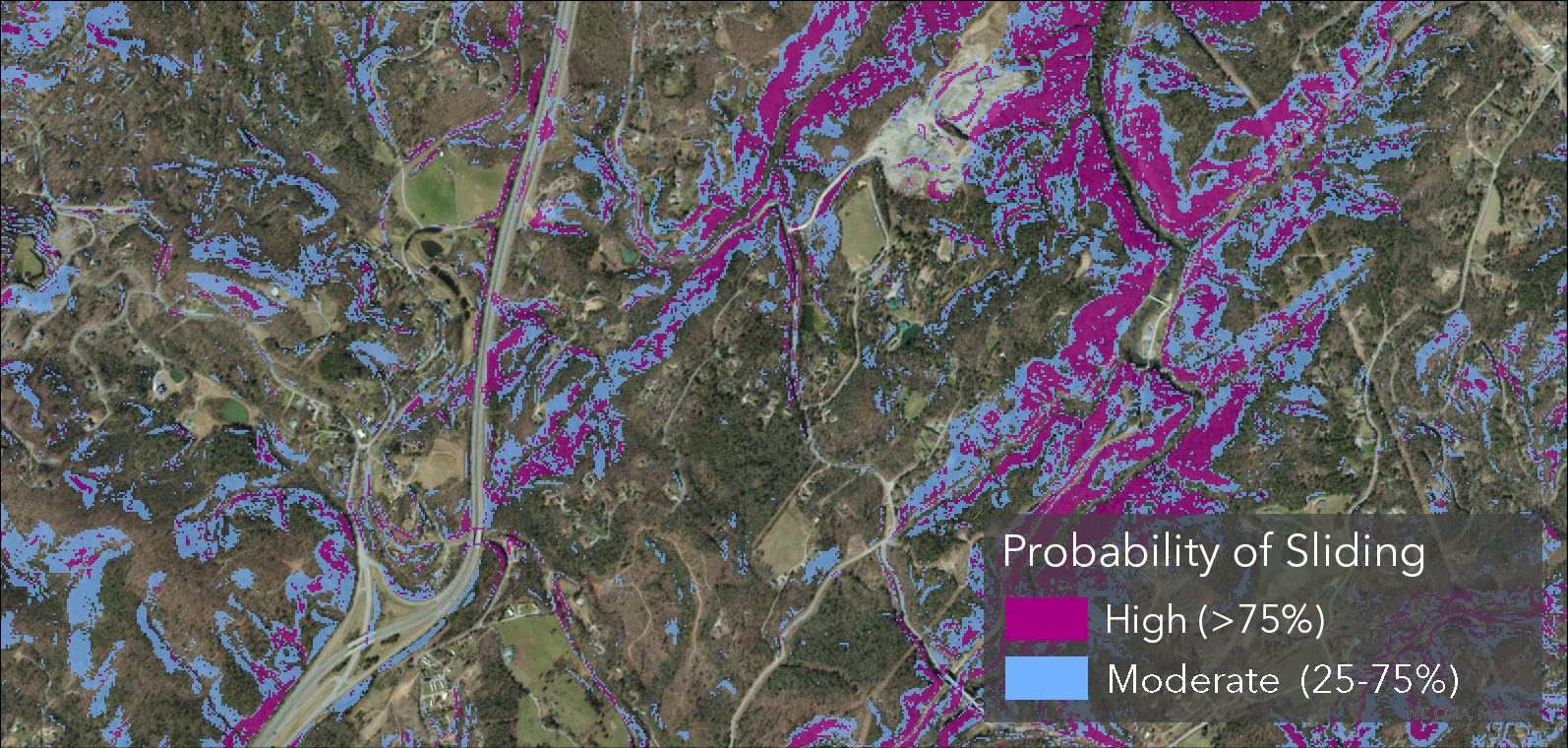 Static susceptibility map showing probability of sliding across western North Carolina with predicted relative hazard rankings in high and moderate categories shown in different colors on steep forested slopes