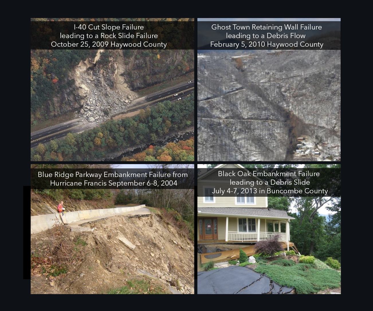 Illustration showing a slope movement with labeled material type classifications including bedrock, debris, and earth components
